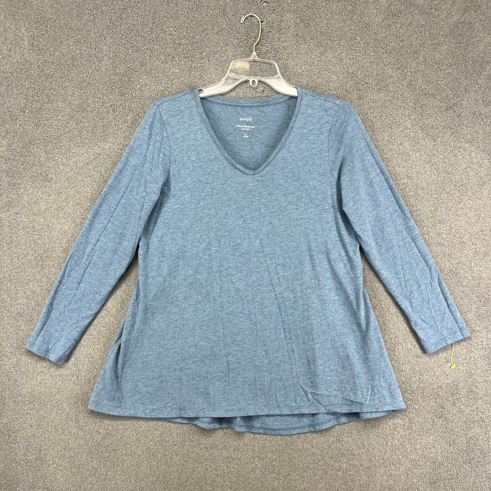Pure Jill Shirred-Back Tunic Womens M Petite Blue V-Neck Pima Cotton Long Sleeve